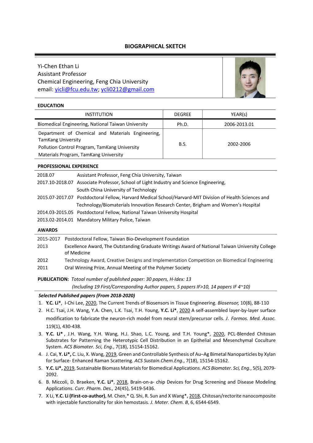 BIOGRAPHICAL SKETCH Yi-Chen Ethan Li Assistant