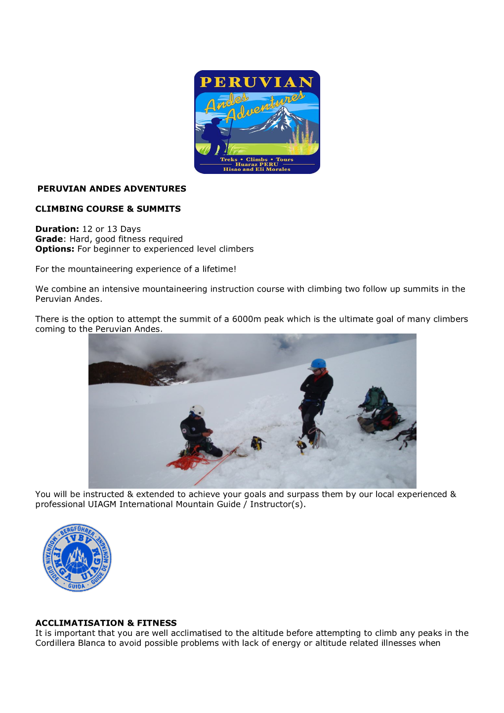 Peruvian Andes Adventures Climbing Course & Summits