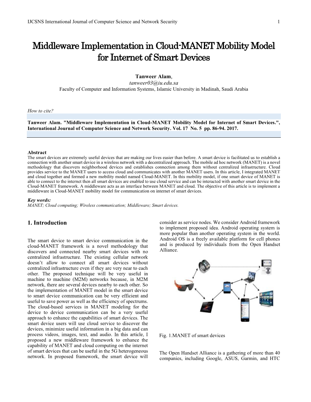 Middleware Implementation in Cloud-MANET Mobility Model for Internet of Smart Devices