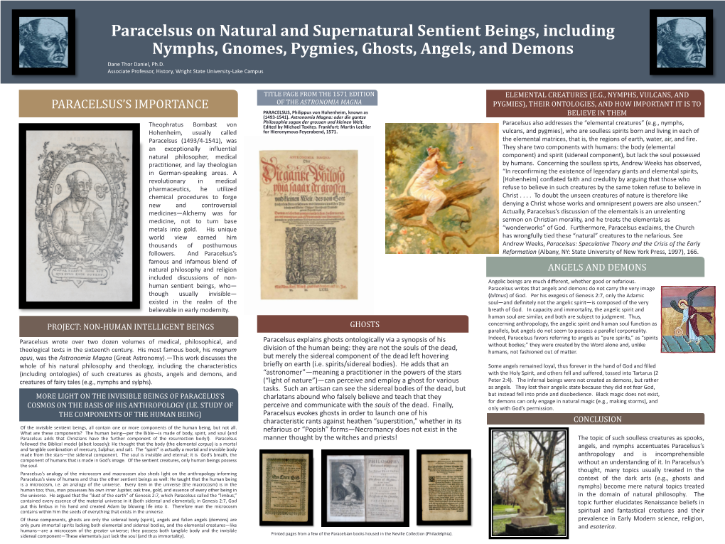 Paracelsus on Natural and Supernatural Sentient Beings, Including Nymphs, Gnomes, Pygmies, Ghosts, Angels, and Demons Dane Thor Daniel, Ph.D