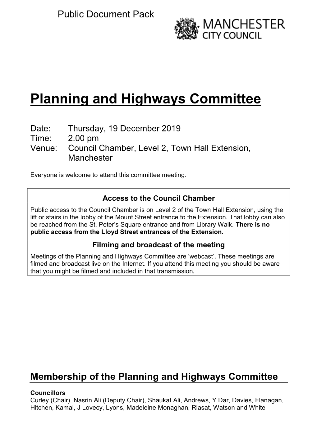 (Public Pack)Agenda Document for Planning and Highways Committee, 19/12/2019 14:00