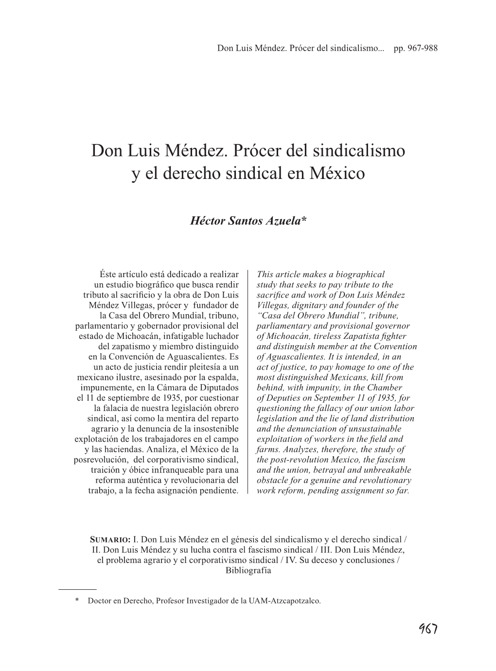 Don Luis Méndez. Prócer Del Sindicalismo Y El Derecho Sindical En México