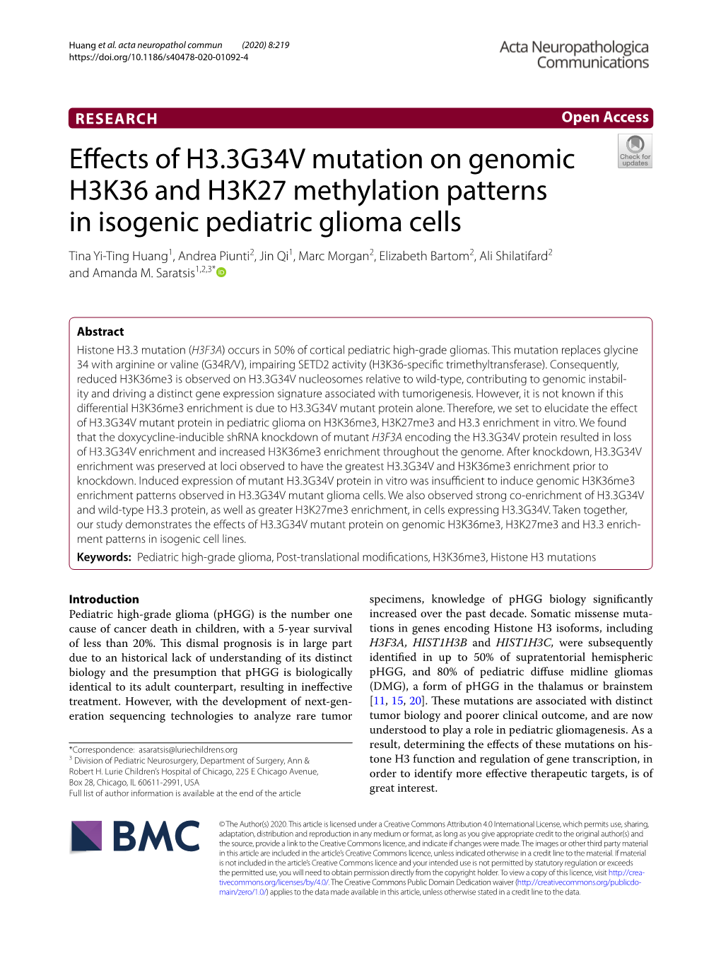 Effects of H3.3G34V Mutation on Genomic H3K36 and H3K27 Methylation Patterns in Isogenic Pediatric Glioma Cells