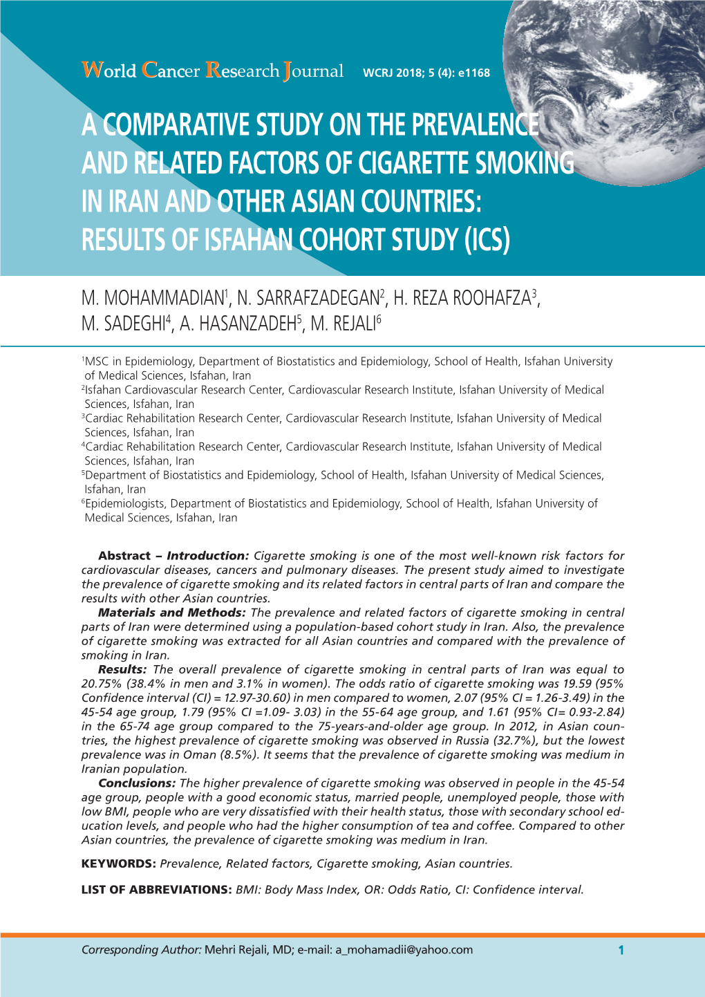 Cigarette Smoking in Iran and Other Asian Countries: Results of Isfahan Cohort Study (Ics)