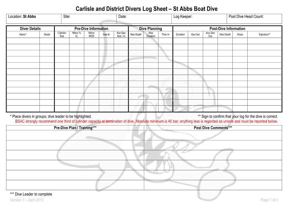 Carlisle and District Divers Log Sheet – St Abbs Boat Dive