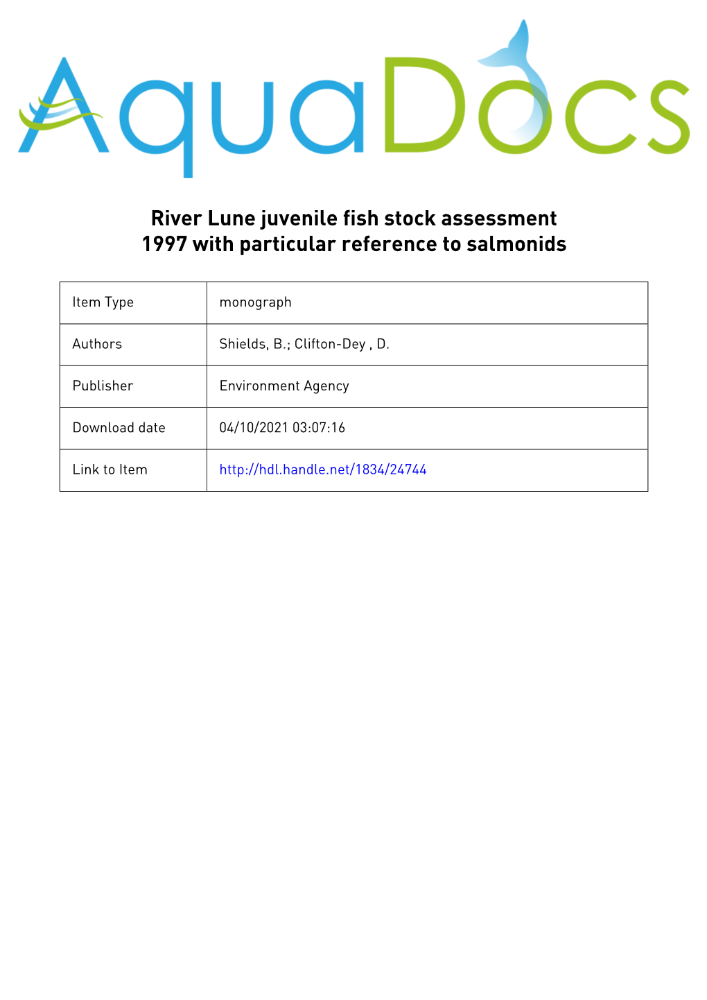 River Lune Juvenile Fish Stock Assessment 1997 with Particular Reference to Salmonids