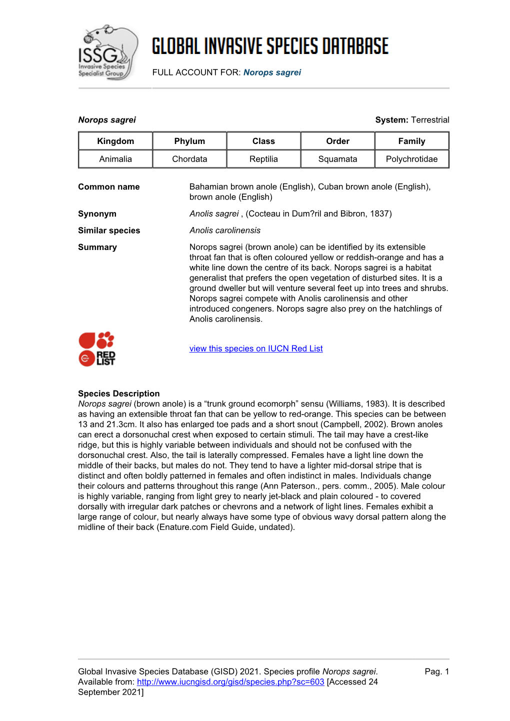 (GISD) 2021. Species Profile Norops Sagrei. Available From