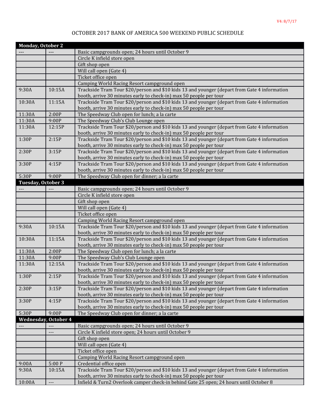 October 2017 Bank of America 500 Weekend Public Schedule