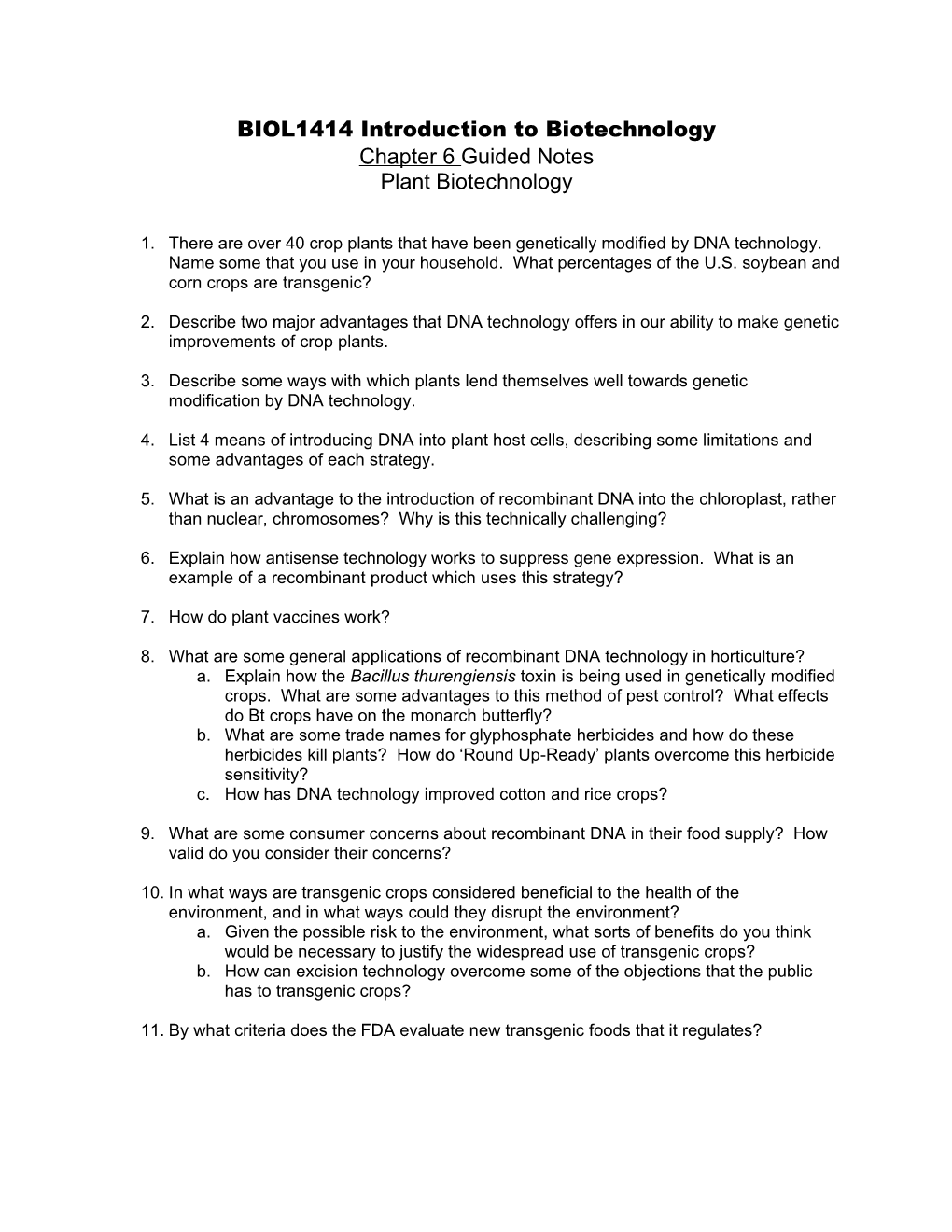 BITC1311 Intro to Biotechnology