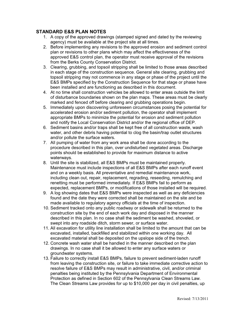 Standard Erosion And Sedimentation Control Plan Notes