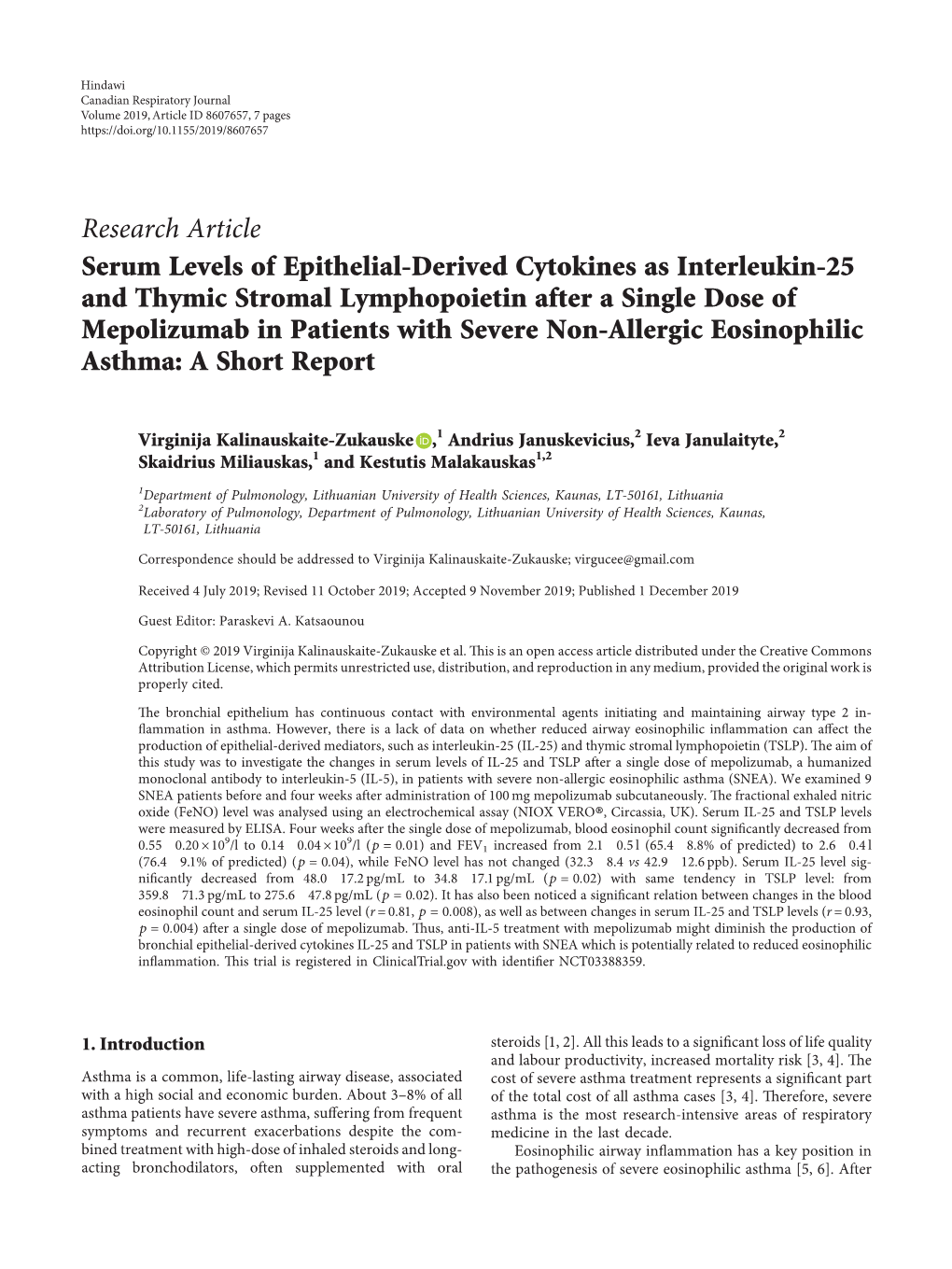 Research Article Serum Levels of Epithelial-Derived Cytokines As Interleukin-25 and Thymic Stromal Lymphopoietin After a Single