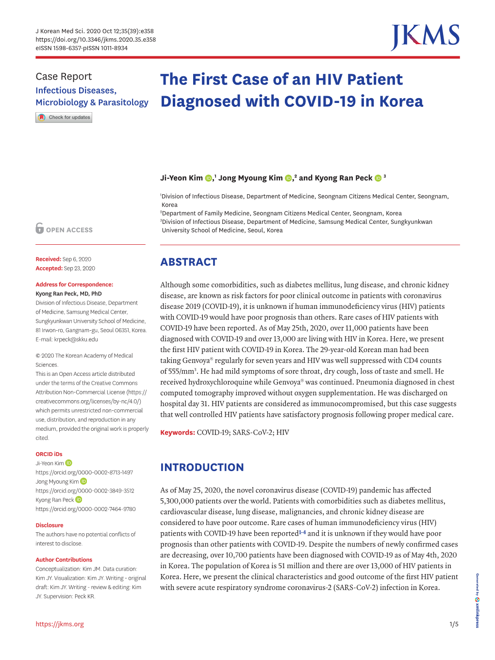 The First Case of an HIV Patient Diagnosed with COVID-19 in Korea