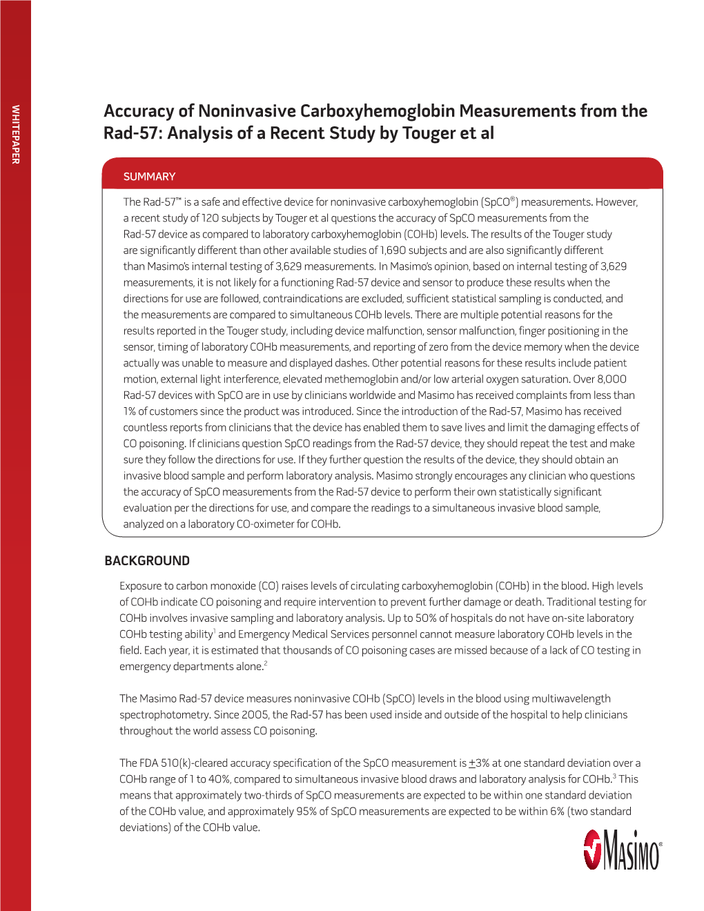 Accuracy of Noninvasive Carboxyhemoglobin Measurements from the Rad-57: Analysis of a Recent Study by Touger Et Al