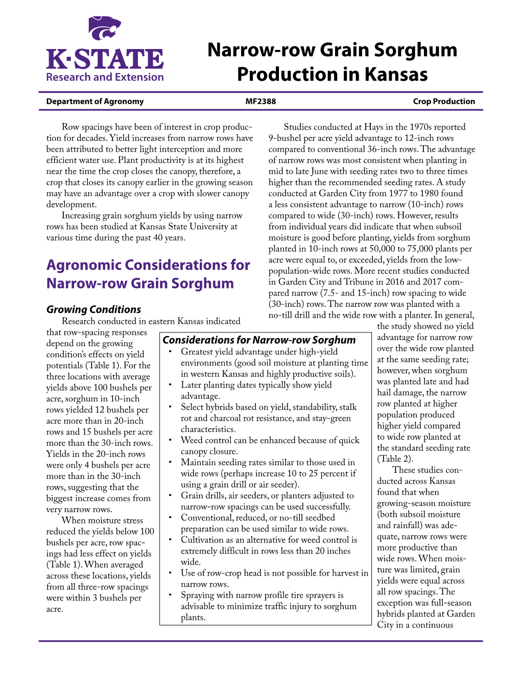 MF2388 Narrow-Row Grain Sorghum Production in Kansas