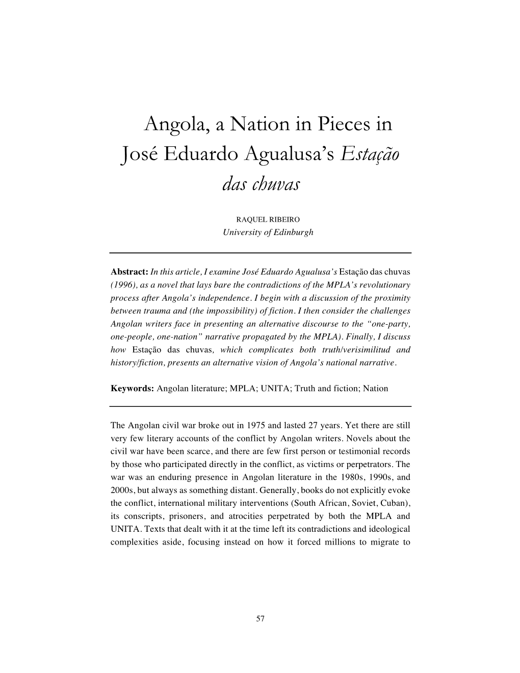 Angola, a Nation in Pieces in José Eduardo Agualusa's Estação Das