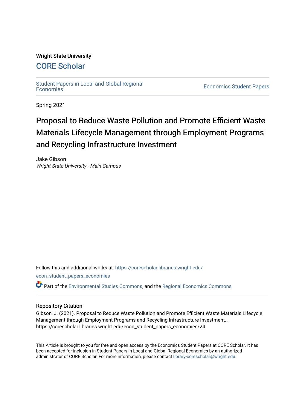 Proposal to Reduce Waste Pollution and Promote Efficient Waste Materials Lifecycle Management Through Employment Programs and Recycling Infrastructure Investment