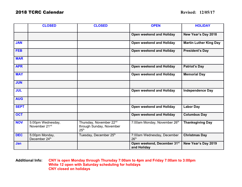 2018 TCRC Calendar Revised: 12/05/17