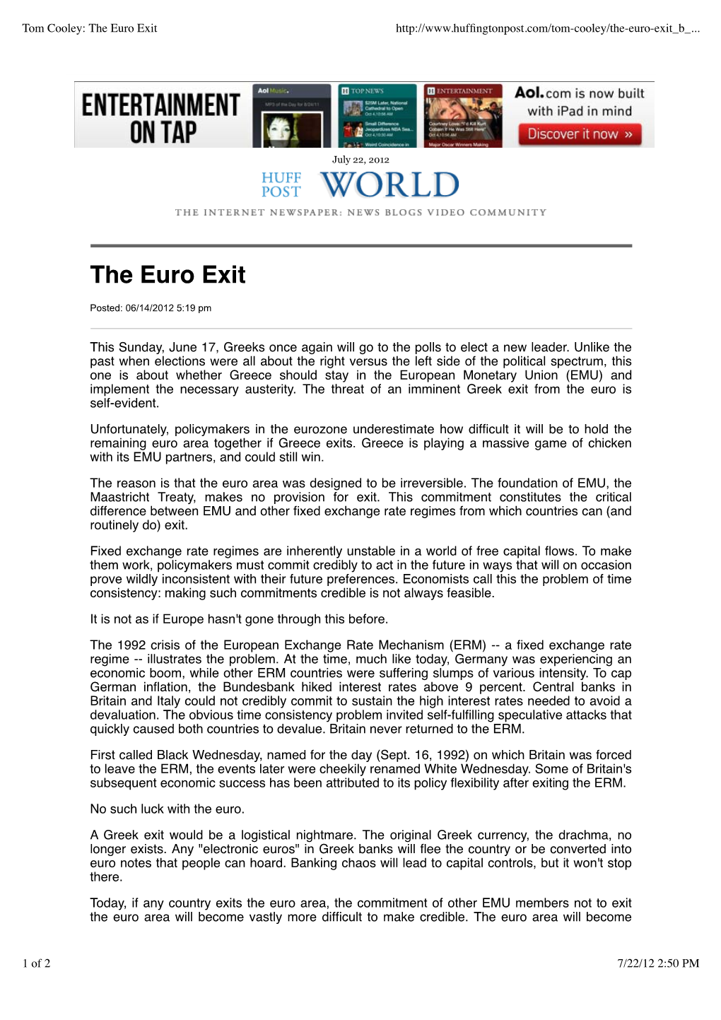Tom Cooley: the Euro Exit