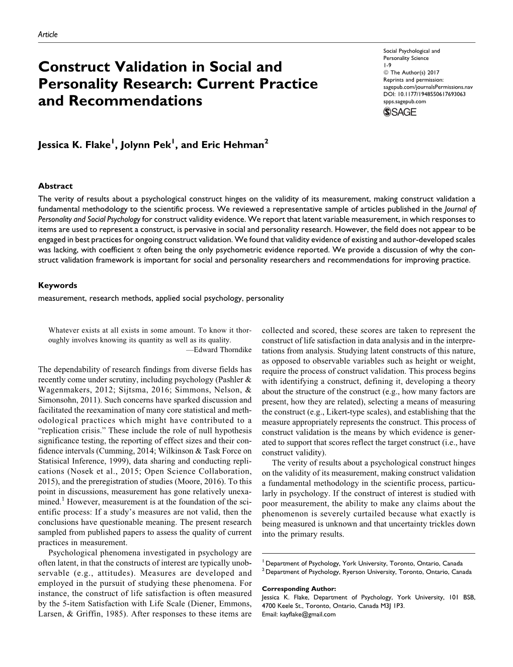 Construct Validation in Social and Personality Research