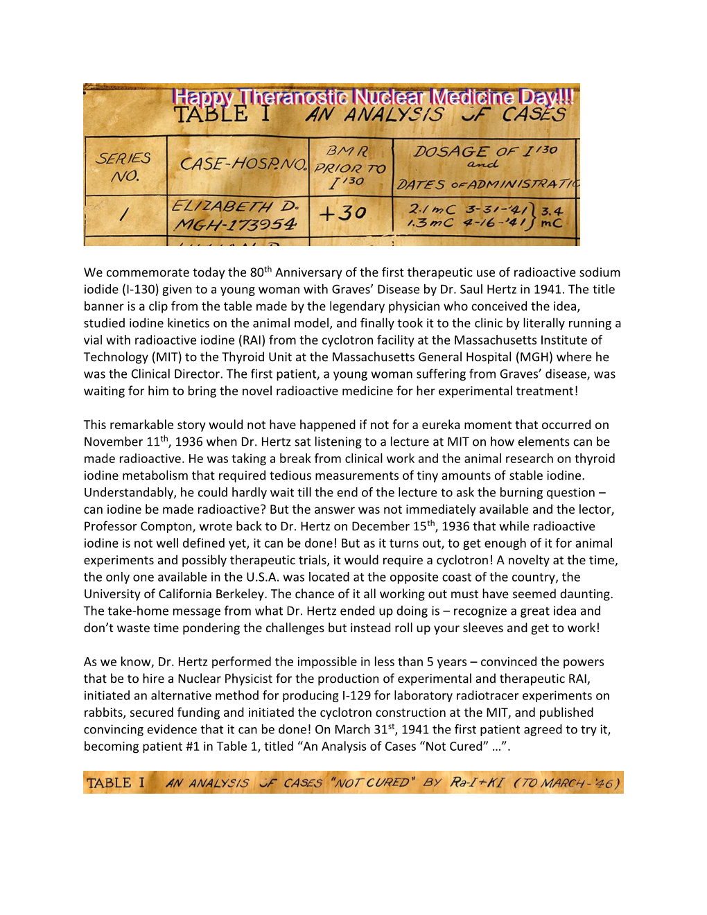 We Commemorate Today the 80Th Anniversary of the First Therapeutic Use of Radioactive Sodium Iodide (I-130) Given to a Young Woman with Graves’ Disease by Dr