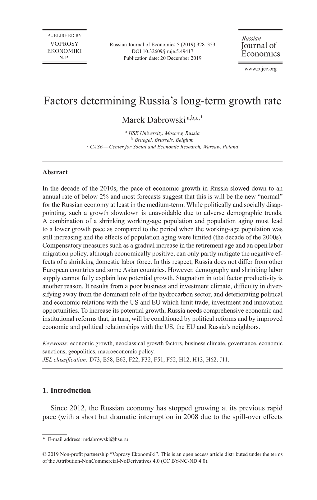 Factors Determining Russia's Long-Term Growth Rate