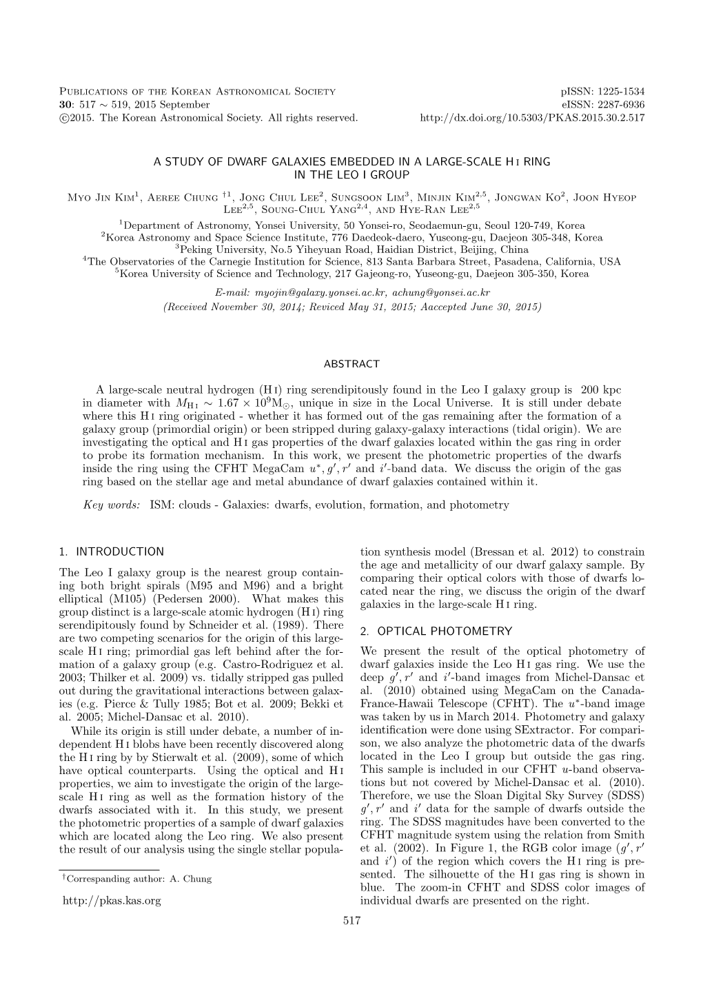 A STUDY of DWARF GALAXIES EMBEDDED in a LARGE-SCALE H I RING in the LEO I GROUP a Large-Scale Neutral Hydrogen (H I) Ring Serend