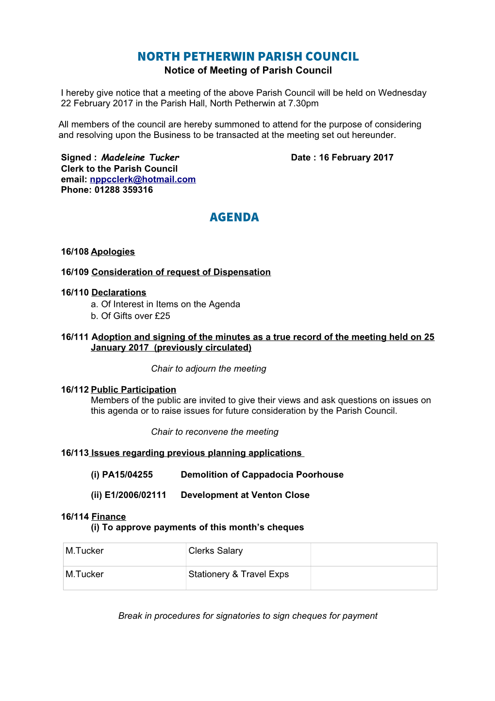 North Petherwin Parish Council Agenda