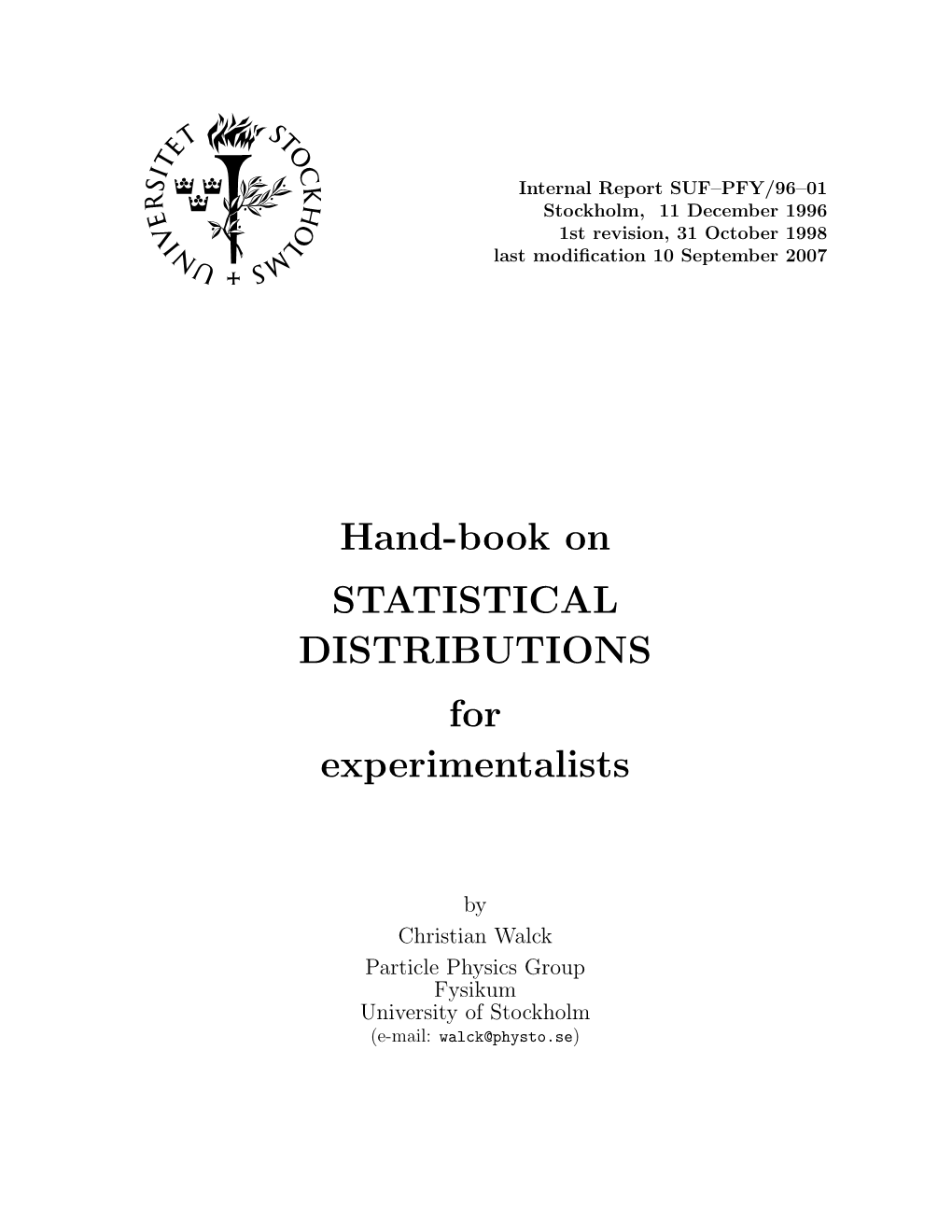 Hand-Book on STATISTICAL DISTRIBUTIONS for Experimentalists