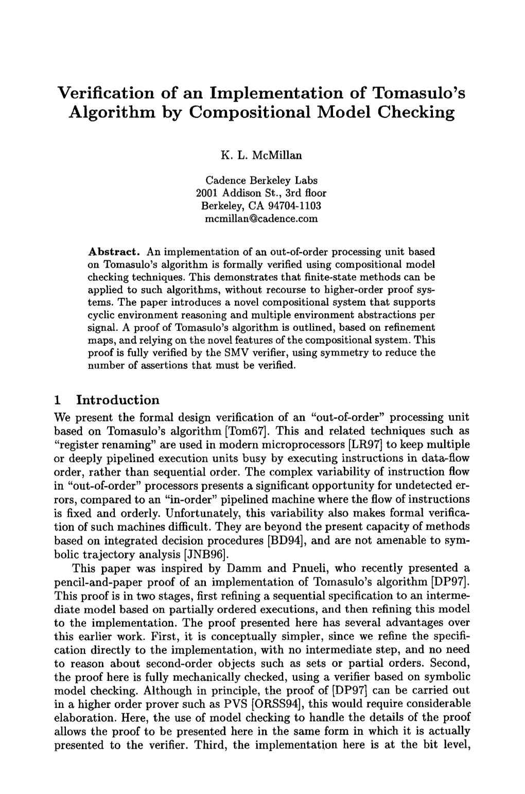 Verification of an Implementation of Tomasulo's Algorithm by Compositional Model Checking