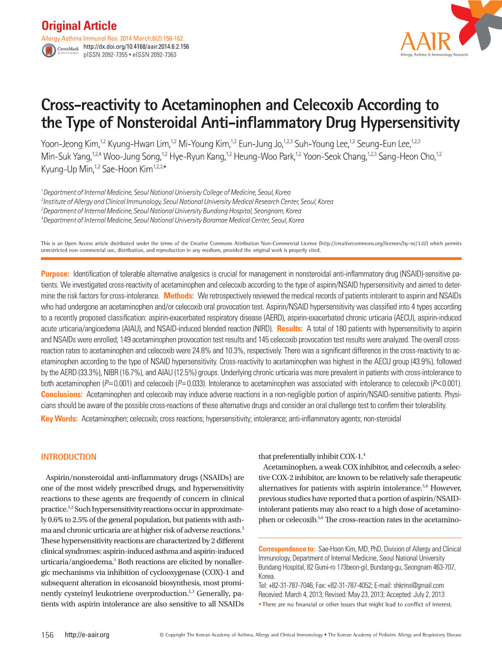 Cross-Reactivity to Acetaminophen and Celecoxib According to The