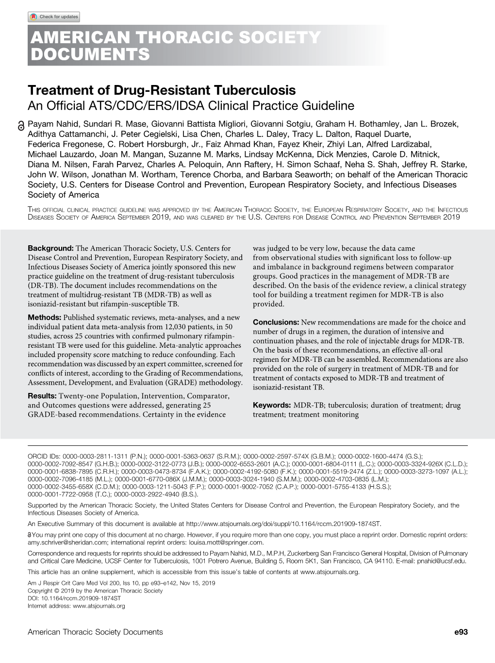 Treatment of Drug-Resistant Tuberculosis an Ofﬁcial ATS/CDC/ERS/IDSA Clinical Practice Guideline Payam Nahid, Sundari R