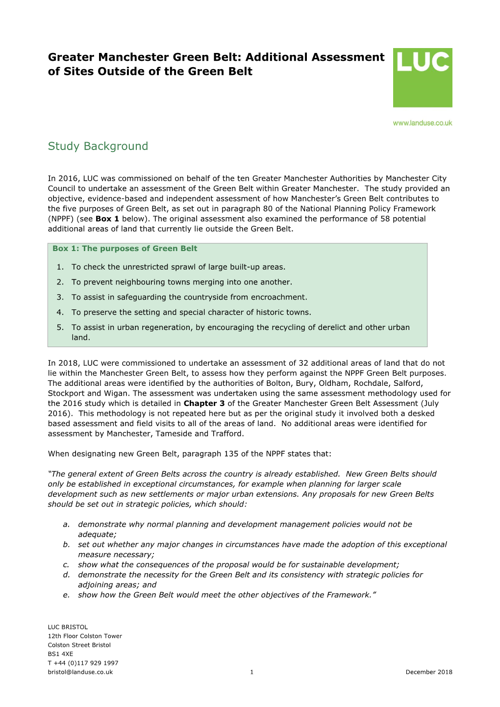 Greater Manchester Green Belt: Additional Assessment of Sites Outside of the Green Belt