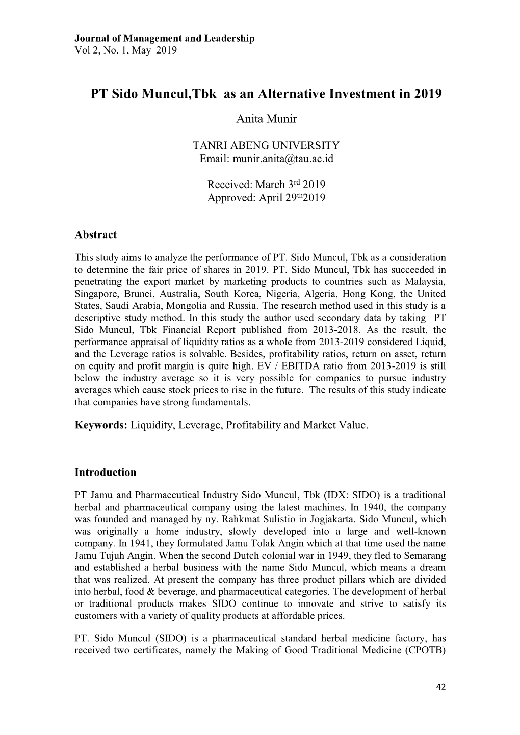 PT Sido Muncul,Tbk As an Alternative Investment in 2019 Anita Munir