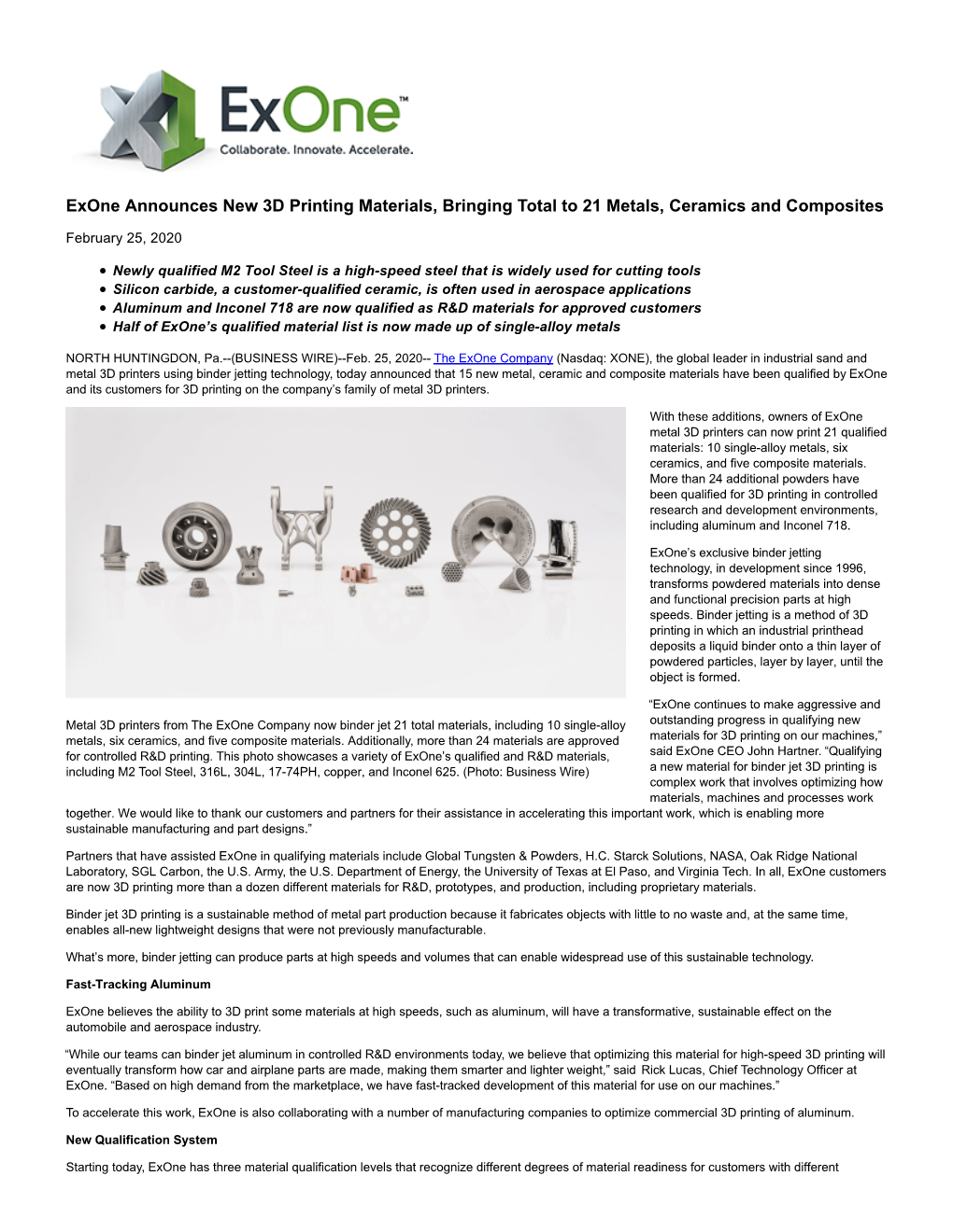 Exone Announces New 3D Printing Materials, Bringing Total to 21 Metals, Ceramics and Composites