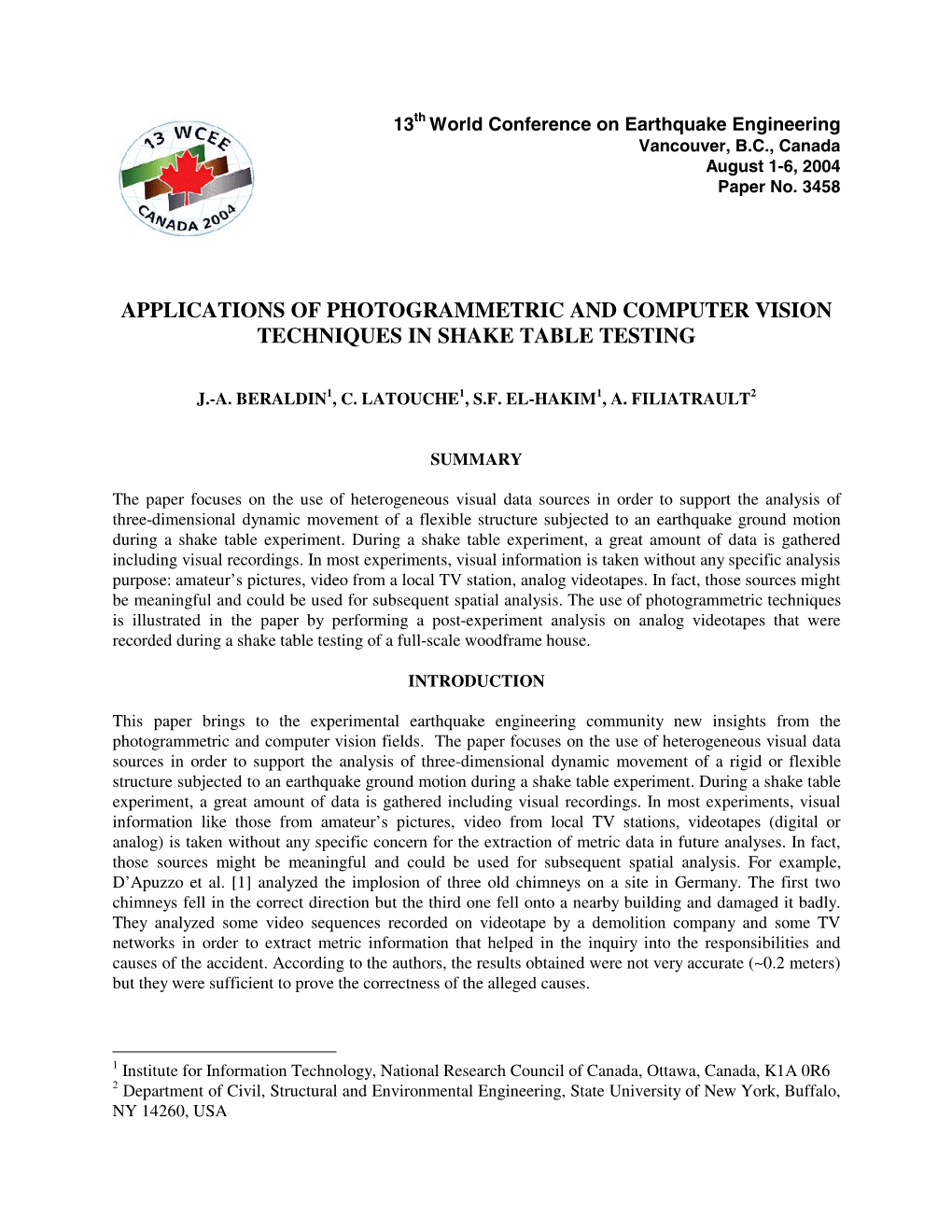 Applications of Photogrammetric and Computer Vision Techniques in Shake Table Testing