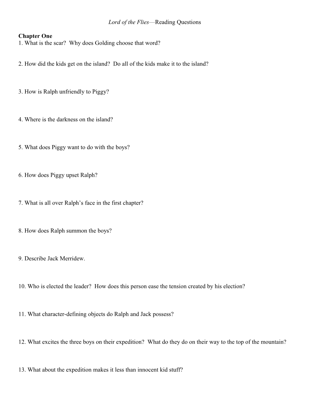 Lord of the Flies Reading Questions