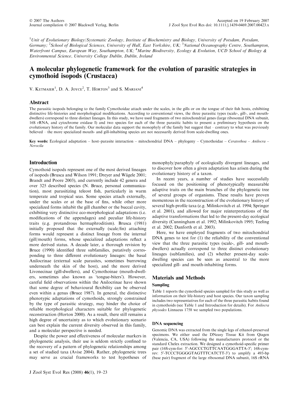 A Molecular Phylogenetic Framework for the Evolution of Parasitic Strategies in Cymothoid Isopods (Crustacea)