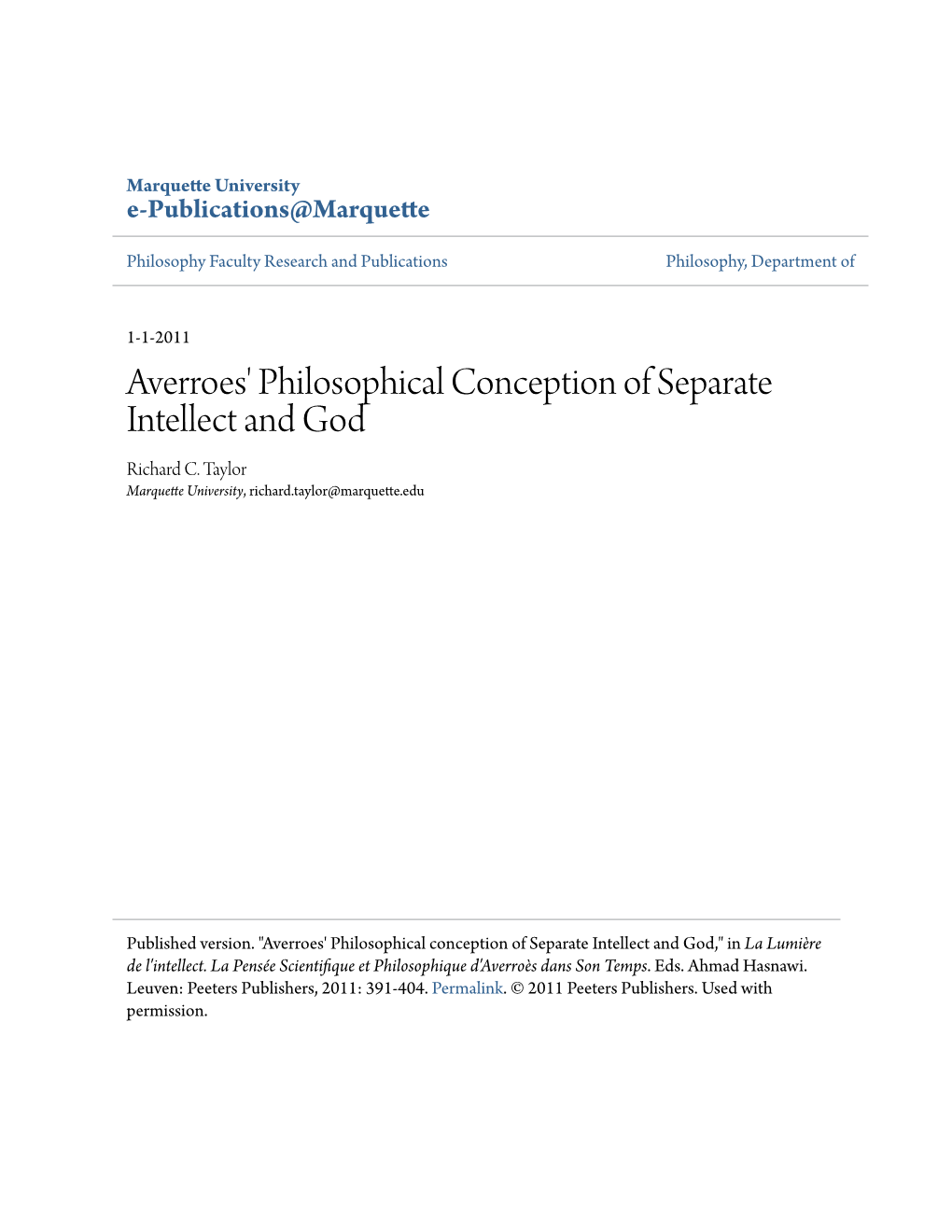 Averroes' Philosophical Conception of Separate Intellect and God Richard C