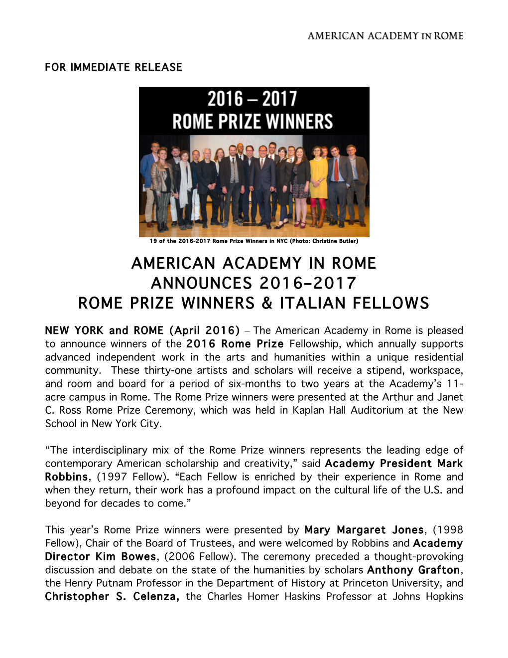 American Academy in Rome Announces 2016–2017 Rome Prize Winners & Italian Fellows