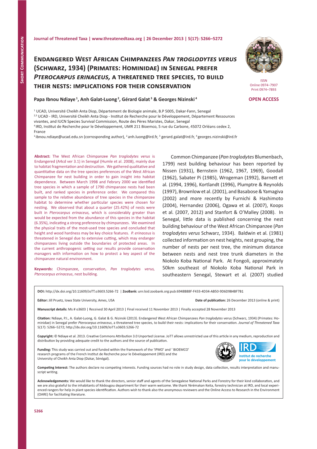 Primates: Hominidae) in Senegal Prefer