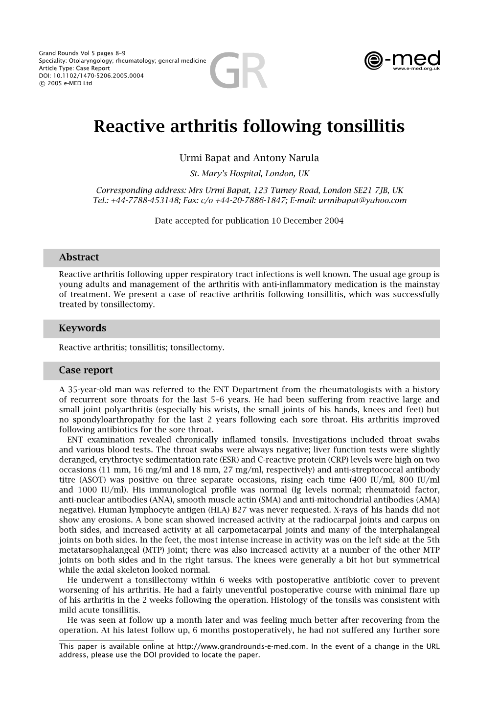 Reactive Arthritis Following Tonsillitis