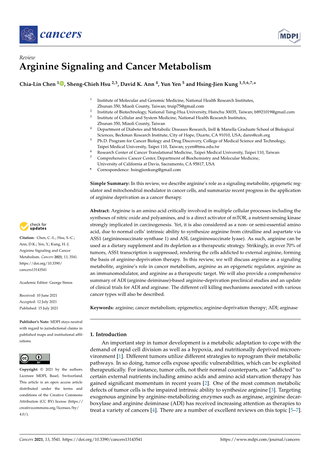 Arginine Signaling and Cancer Metabolism