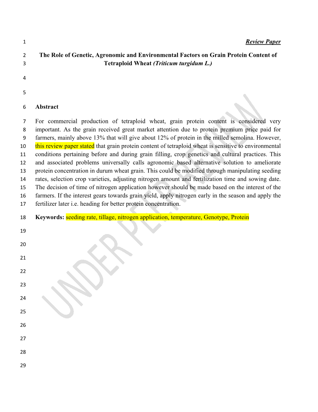 Review Paper the Role of Genetic, Agronomic and Environmental