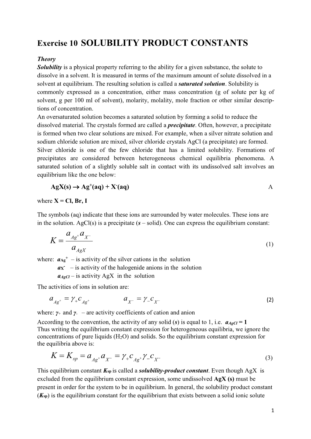 Exercise 10 SOLUBILITY PRODUCT CONSTANTS