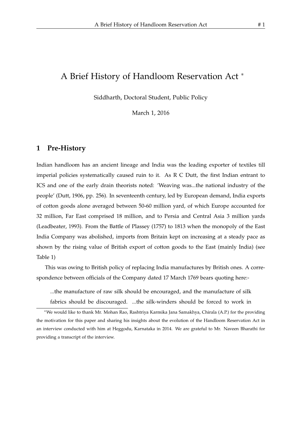 A Brief History of Handloom Reservation Act # 1
