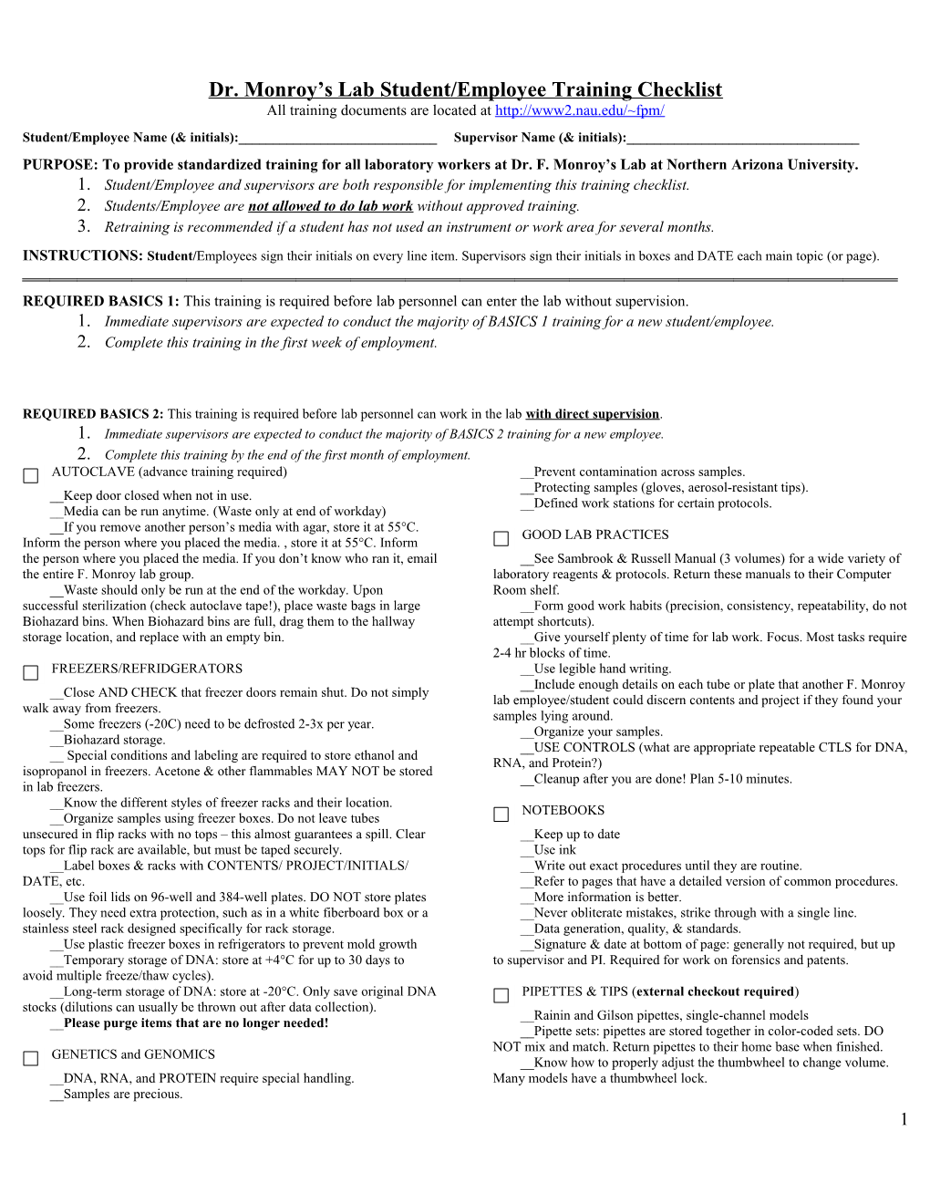 Dr. Monroy S Lab Student/Employee Training Checklist