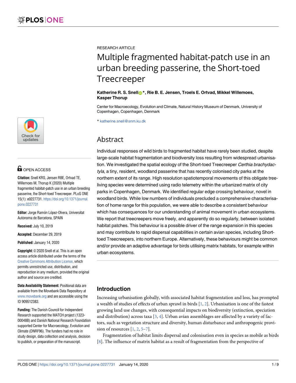 Multiple Fragmented Habitat-Patch Use in an Urban Breeding Passerine, the Short-Toed Treecreeper