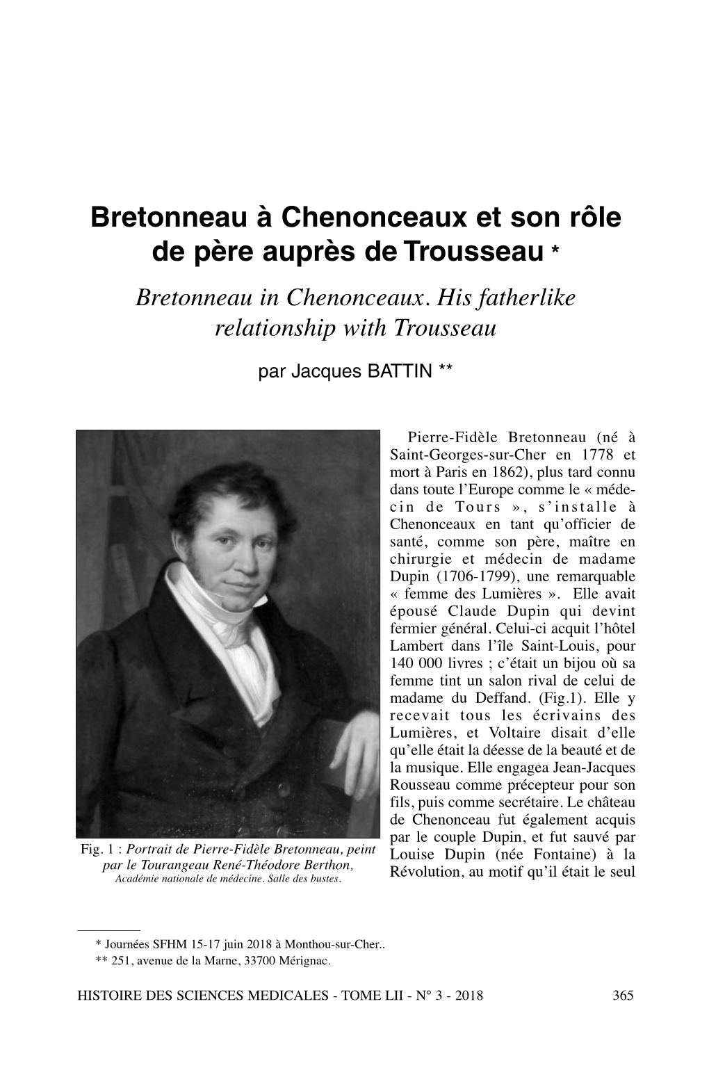 Bretonneau À Chenonceaux Et Son Rôle De Père Auprès De Trousseau * Bretonneau in Chenonceaux