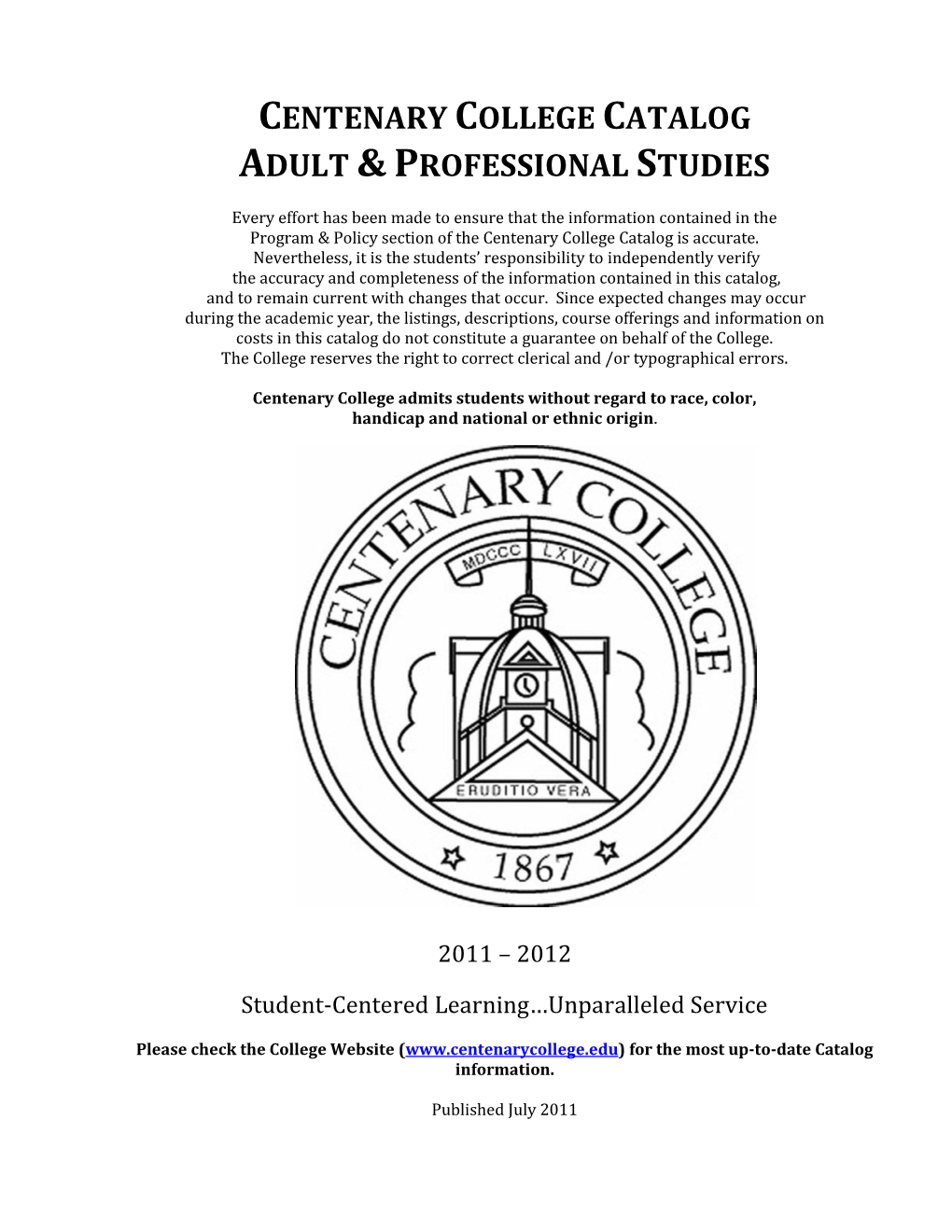 Centenary College Catalog Adult &Professional Studies