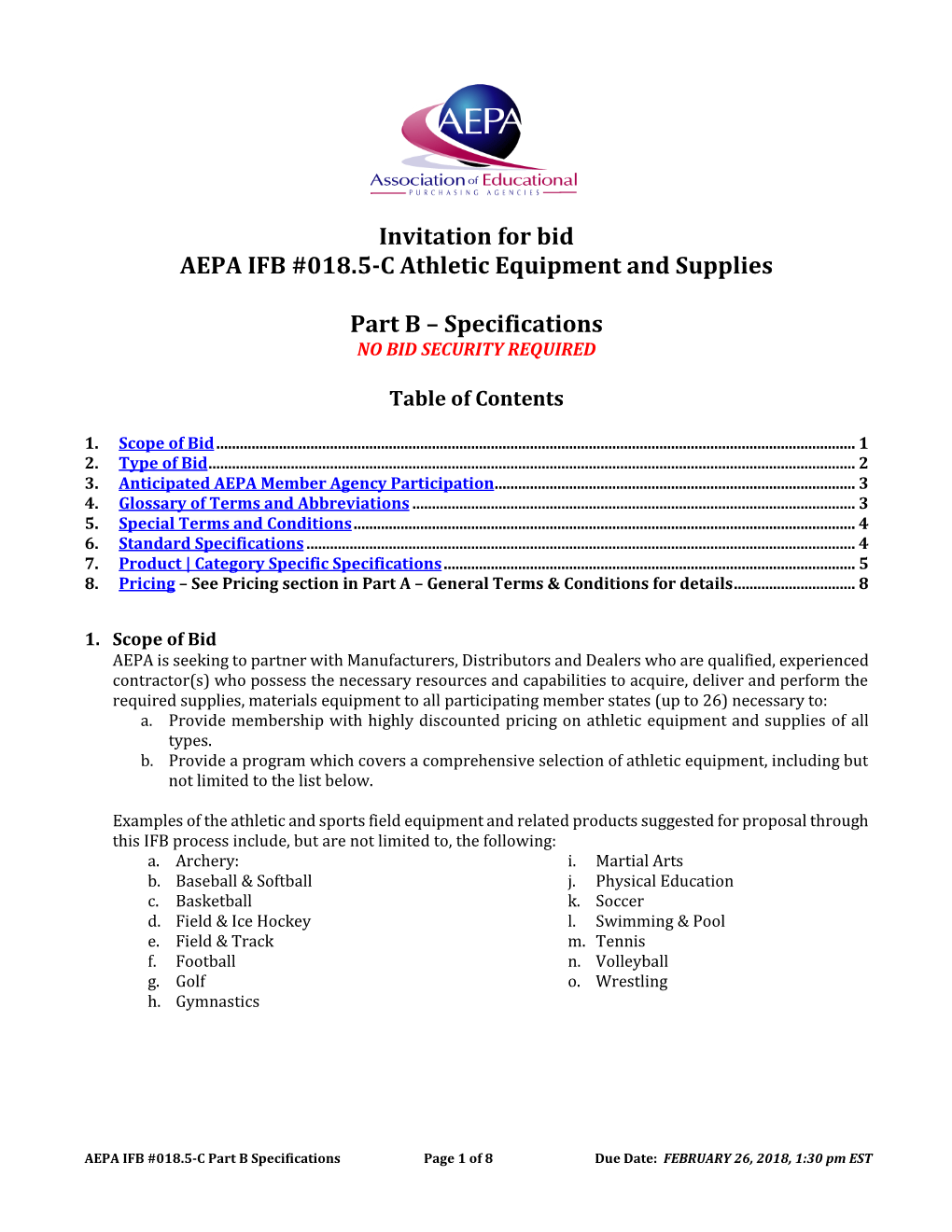 Invitation for Bid AEPA IFB #018.5-C Athletic Equipment and Supplies Part B – Specifications